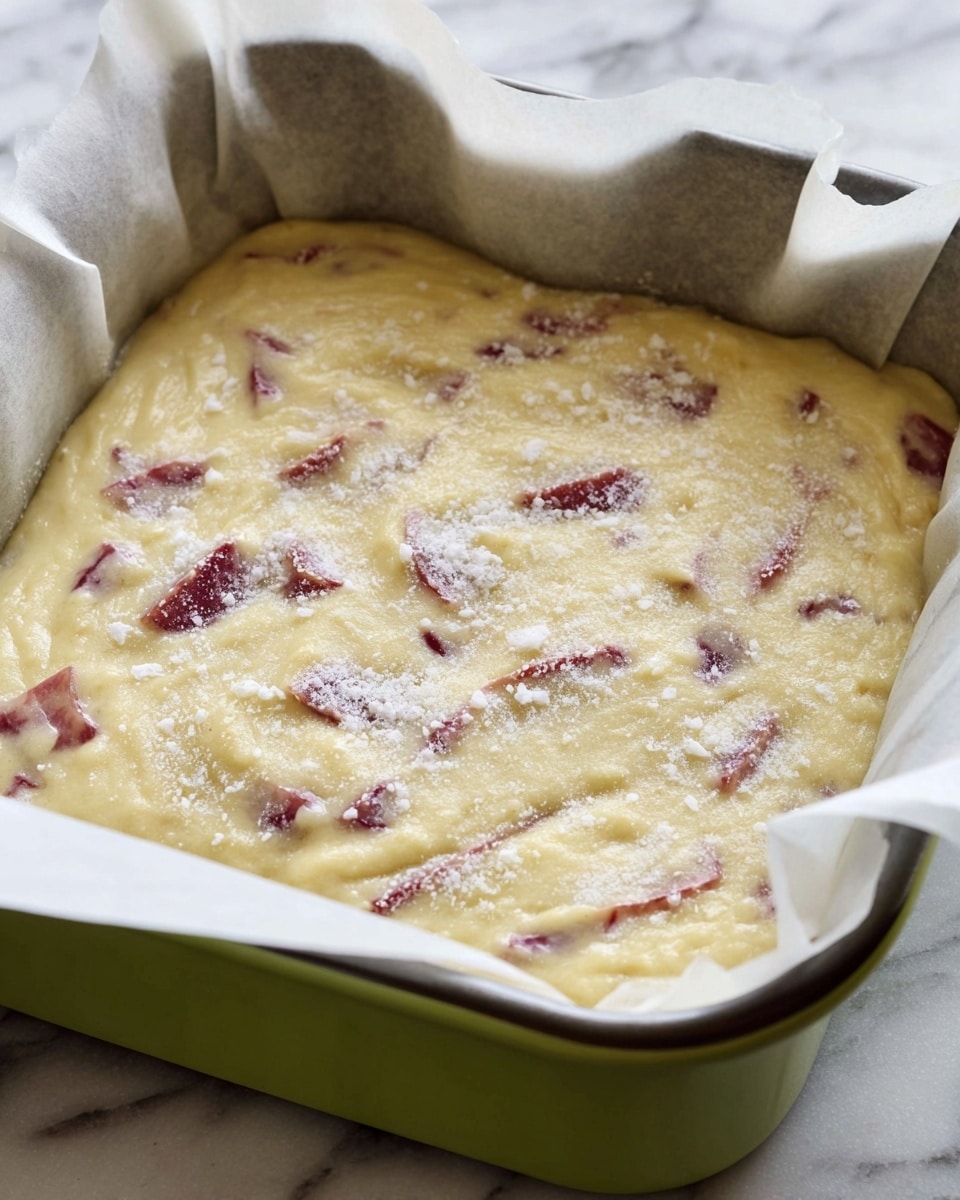 A green ceramic baking dish lined with white parchment paper holds a thick layer of pale yellow batter mixed with pieces of reddish fruit spread evenly throughout. The top of the batter is sprinkled with white granulated sugar, giving it a slightly grainy texture. The edges of the batter slope gently up inside the dish. The whole scene sits on a white marbled surface. photo taken with an iphone --ar 4:5 --v 7