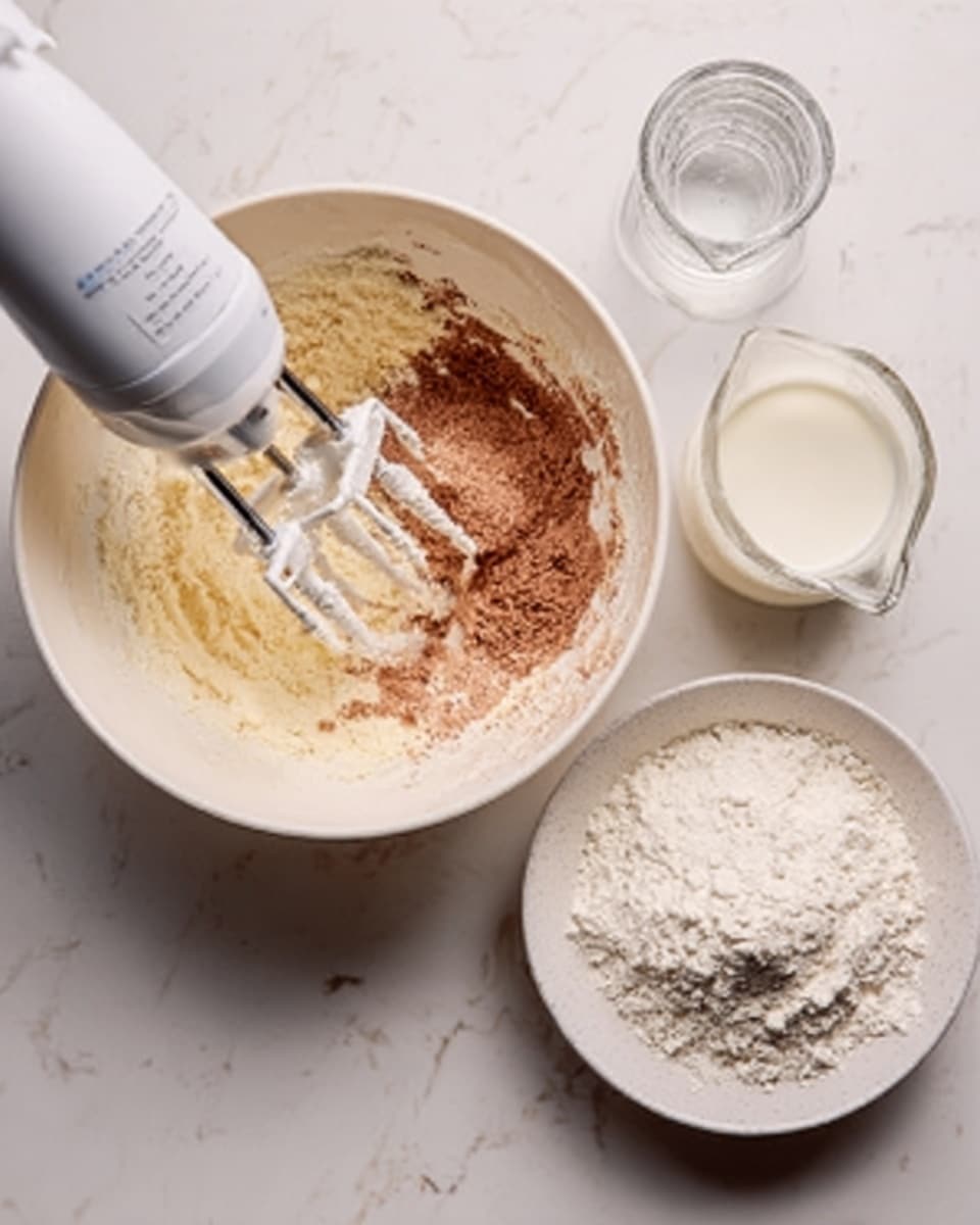 In the image, a white bowl sits on a white marbled surface, containing a mix of light beige and brown ingredients being blended with a white electric mixer. Next to it, there is a small clear glass jug with white liquid, likely milk or cream. To the right, another white bowl holds a heap of white powdery substance, possibly flour. The scene shows the start of mixing ingredients for baking, with the electric mixer beaters partially submerged in the mixture. The overall look is clean and bright with natural light. photo taken with an iphone --ar 4:5 --v 7