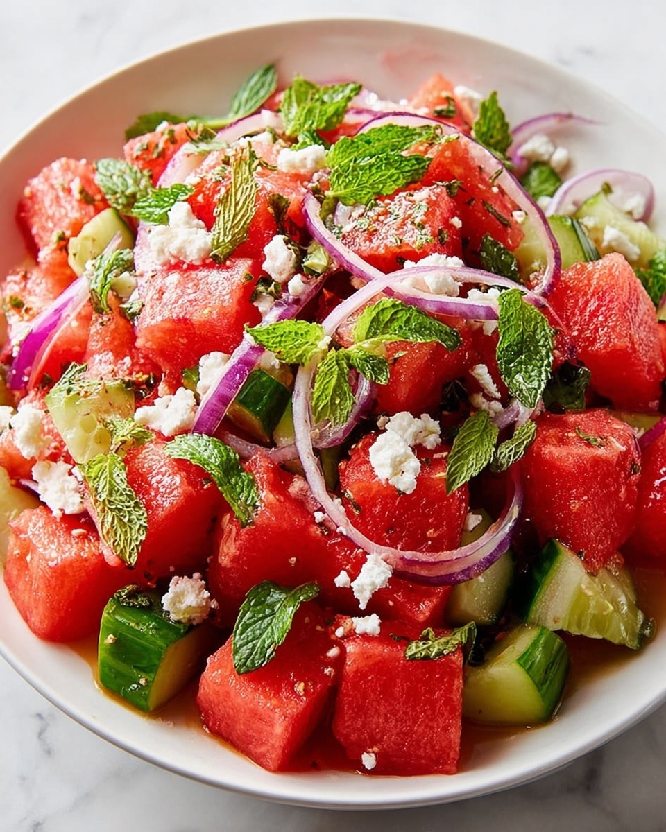 A white bowl filled with a colorful watermelon salad is placed on a white marbled surface. The salad has bright red watermelon cubes as the main layer, mixed with crisp green cucumber pieces underneath. On top, thin slices of purple-red onion add color and texture, along with small white crumbles of cheese scattered over the salad. Fresh green mint leaves are spread evenly as the top layer, giving a fresh look. The salad looks juicy, fresh, and vibrant with a mix of red, green, purple, and white colors. photo taken with an iphone --ar 4:5 --v 7