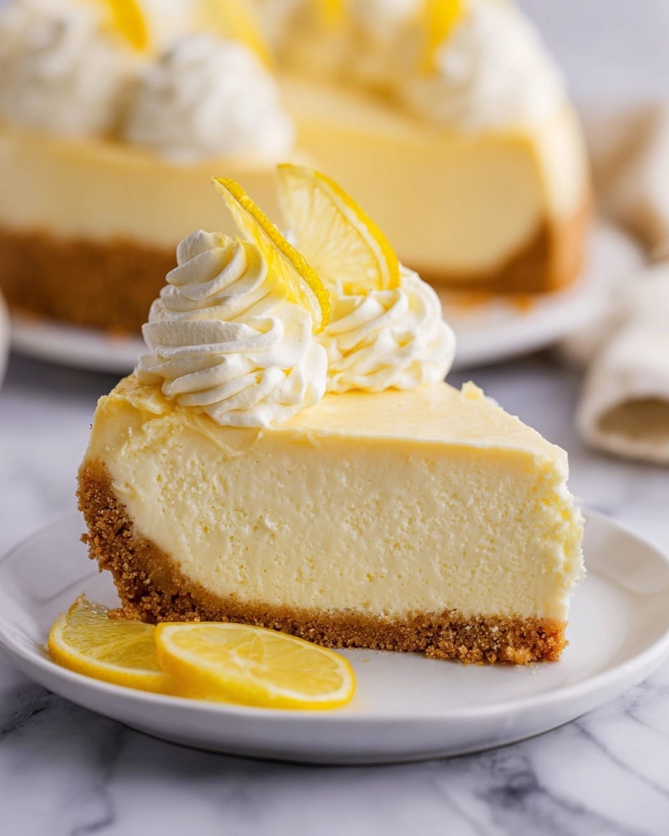 A slice of lemon cheesecake sits on a white plate placed on a white marbled surface. The cheesecake has three visible layers: a thick, crumbly golden brown crust on the bottom, a creamy light yellow cheesecake layer in the middle with a smooth texture, and a slightly glossy pale yellow top layer. On top of the slice, there is a swirl of white whipped cream with two small lemon wedge garnishes positioned neatly on the whipped cream. Two lemon wedges are also placed on the plate in front of the slice. In the background, the remaining cheesecake with the same layers and lemon decorations is slightly out of focus. Photo taken with an iphone --ar 4:5 --v 7