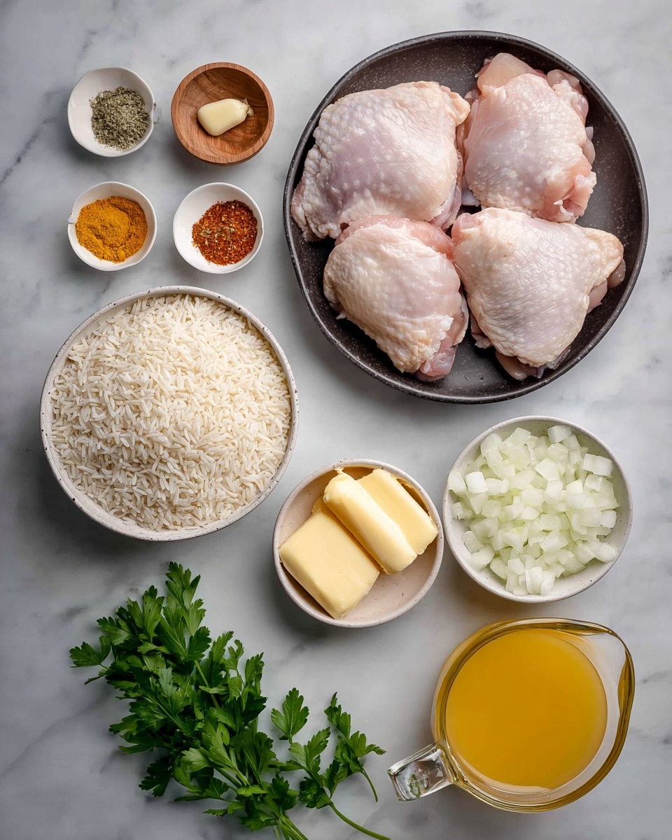 The image shows a top view of raw chicken thighs placed in a dark bowl on the upper right side, surrounded by several small white bowls with ingredients. There is a white bowl filled with uncooked rice at the bottom left, a white bowl with chopped white onions at the bottom right, and a small white dish holding six different spices arranged in neat piles at the middle left. Near the top left is a small wooden bowl with minced garlic, and just below it, a small clear dish contains three pats of butter. A glass measuring cup with yellow broth is placed near the middle right. Fresh green parsley leaves are scattered on the white marbled background around the ingredients, adding a fresh touch. Photo taken with an iphone --ar 4:5 --v 7