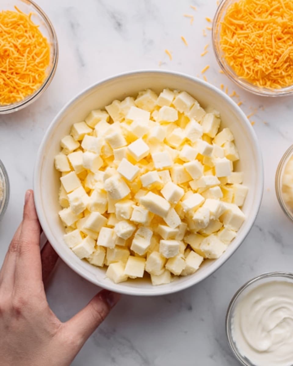The image shows a white bowl filled with small, pale yellow cheese cubes. Surrounding the bowl are smaller bowls, one with bright orange shredded cheese and another with a white creamy sauce. The bowls are placed on a white marbled surface. A woman's hand is seen holding one of the smaller bowls. The lighting is bright, highlighting the creamy and soft texture of the cheese cubes and the sauce. photo taken with an iphone --ar 4:5 --v 7