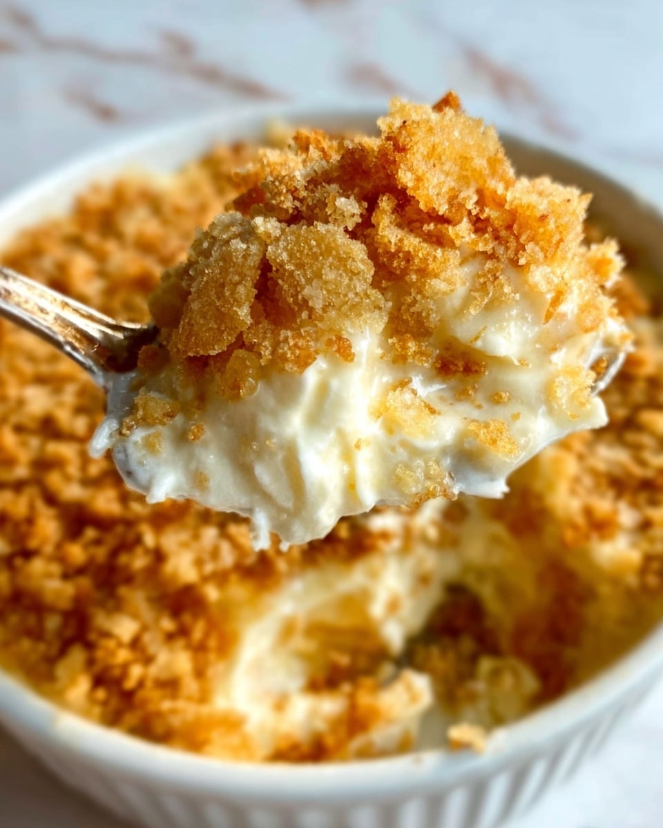 The image shows a close-up of a spoonful of a creamy dessert with a golden crunchy top layer. The bottom layer is smooth and white, with a soft texture, while the top layer is crumbly and light brown. The spoon is lifting the dessert from a white bowl, and the background features a white marbled texture. Photo taken with an iphone --ar 4:5 --v 7