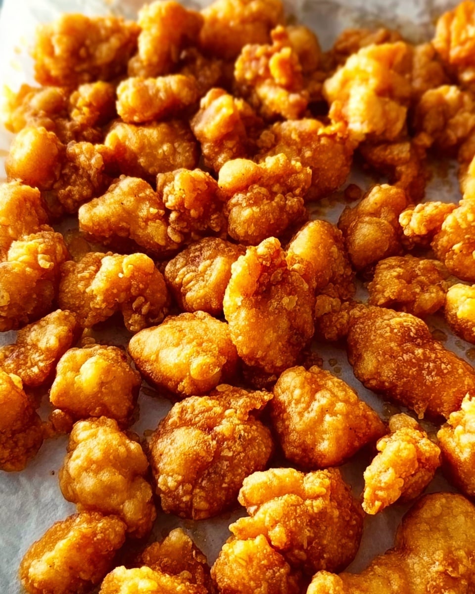 This image shows a close-up of many small pieces of golden-brown fried food with a rough, crunchy texture. The pieces are irregularly shaped and cover the entire frame, sitting on a piece of light parchment paper that lies on a white marbled surface. The lighting brings out the warm, crispy look and highlights the uneven surface of each piece. photo taken with an iphone --ar 4:5 --v 7