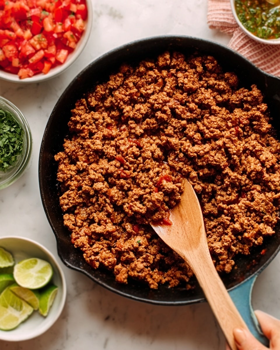 The image shows a black cast iron skillet filled with cooked ground meat that has a crumbly texture and a rich brown color, stirred with a wooden spoon held by a woman's hand. The skillet is set on a white marbled surface, surrounded by a white bowl of fresh chopped tomatoes and herbs, a white bowl with halved limes, and a glass container with some kind of green sauce. The overall focus is on the browned meat in the center, with the wooden spoon slightly lifting some of the meat. Photo taken with an iphone --ar 4:5 --v 7