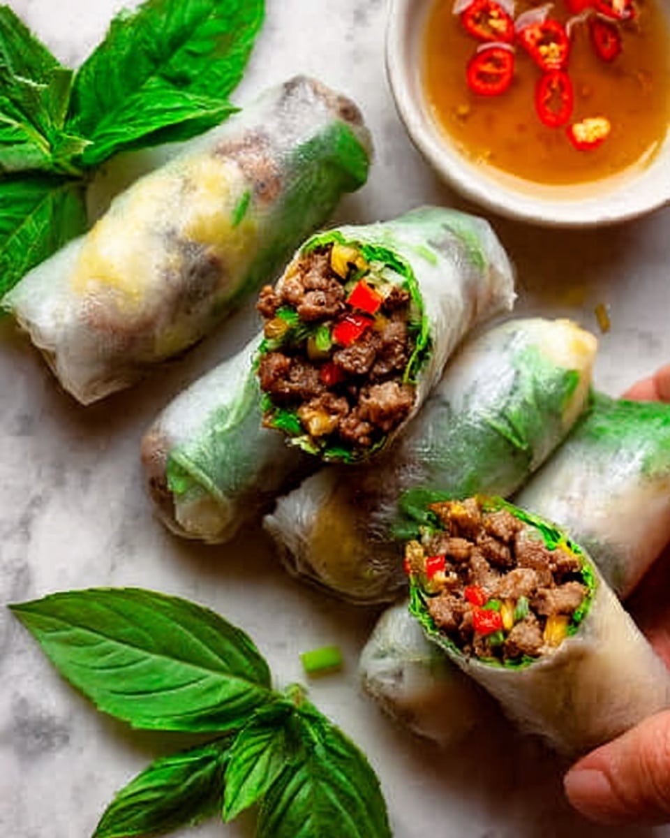 The image shows three fresh spring rolls on a white marbled surface. Each roll is wrapped in translucent rice paper, showing green lettuce, fresh herbs, and brown cooked meat inside. One roll is open at the end, revealing the diced meat filling mixed with small red and yellow pieces, likely chili and vegetable bits. Bright green basil leaves and chopped green onions decorate around the rolls. At the top right, a white bowl with light brown dipping sauce and floating red chili slices is partially visible. A woman's hand is gently holding the closest roll. The photo taken with an iphone --ar 4:5 --v 7