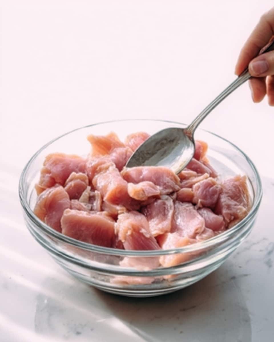 A clear glass bowl filled with raw pink chicken pieces. A woman's hand holds a silver spoon above the bowl, gently stirring the chicken. The bowl is placed on a white marbled surface, with soft natural light creating gentle reflections on the glass and the meat. photo taken with an iphone --ar 4:5 --v 7