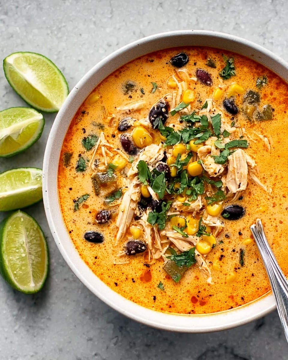 A white bowl filled with thick, creamy soup that has a rich orange color and a mix of ingredients throughout. The soup's visible layers include black beans scattered on top, pieces of yellow corn, and small chunks of green peppers. Slices of fresh green avocado are neatly arranged on one side of the bowl, and a few sprigs of green cilantro rest close by. A woman's hand holds a wooden spoon dipping into the soup. The background is a white marbled texture. Photo taken with an iphone --ar 4:5 --v 7