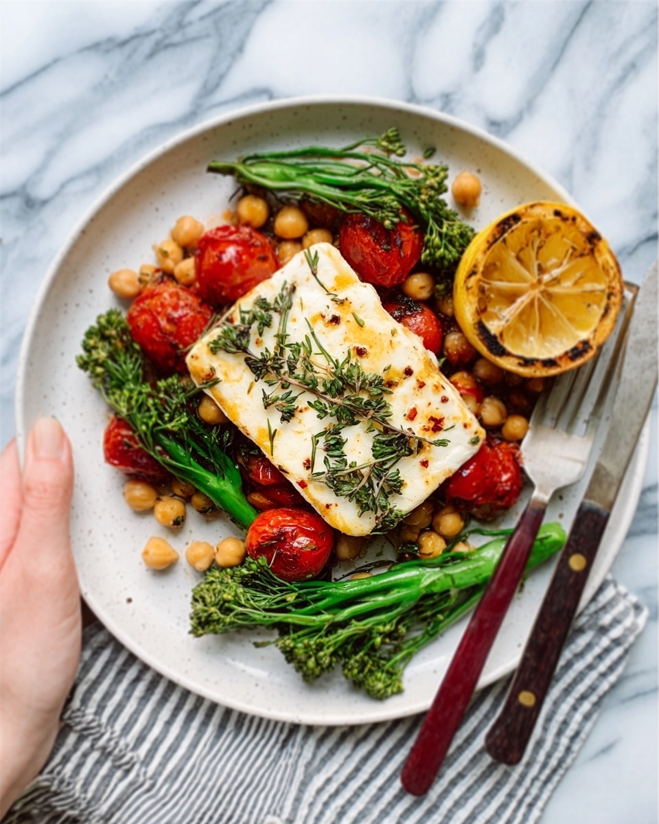 A white plate holds a colorful dish with a rectangular piece of grilled white cheese sitting on top of a bed of roasted cherry tomatoes, chickpeas, and green broccolini. The cheese has a slightly browned surface with green herbs sprinkled on it. The cherry tomatoes are bright red and look soft, some whole and some slightly burst. The chickpeas are light beige and scattered under and around the cheese. The broccolini is vibrant green, with thin stalks and small florets. A half lemon, grilled with char marks, rests at the top right of the plate. A woman's hand is holding the edge of the plate. The plate is on a white marbled surface with a striped cloth partially showing at the bottom. A knife with a dark handle and a fork with a red handle are next to the plate. Photo taken with an iphone --ar 4:5 --v 7