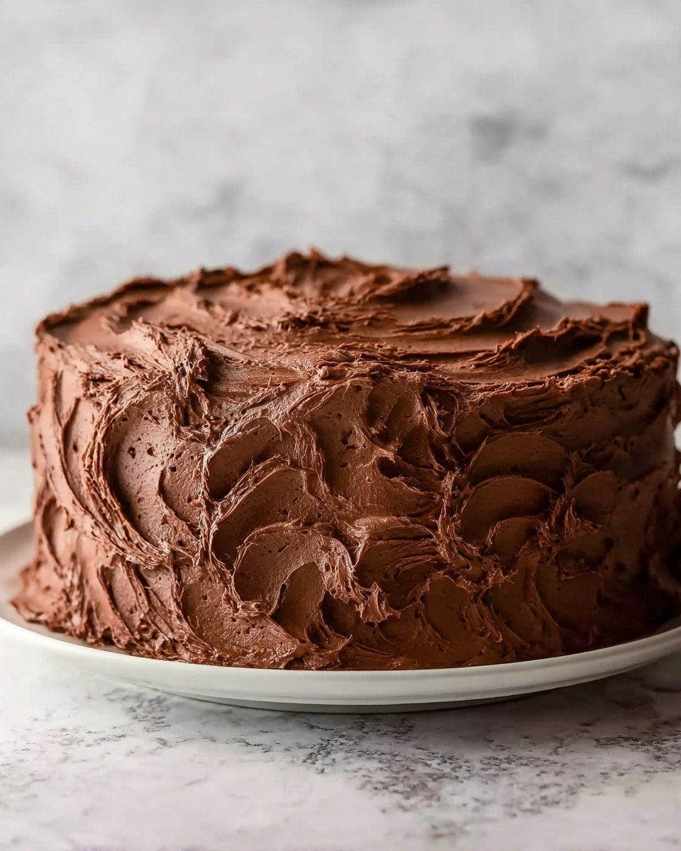 A round cake with thick, rough swirls of chocolate frosting covering the entire outside and top in uneven patterns, giving it a textured, creamy look, all sitting on a white plate against a white marbled background photo taken with an iphone --ar 4:5 --v 7