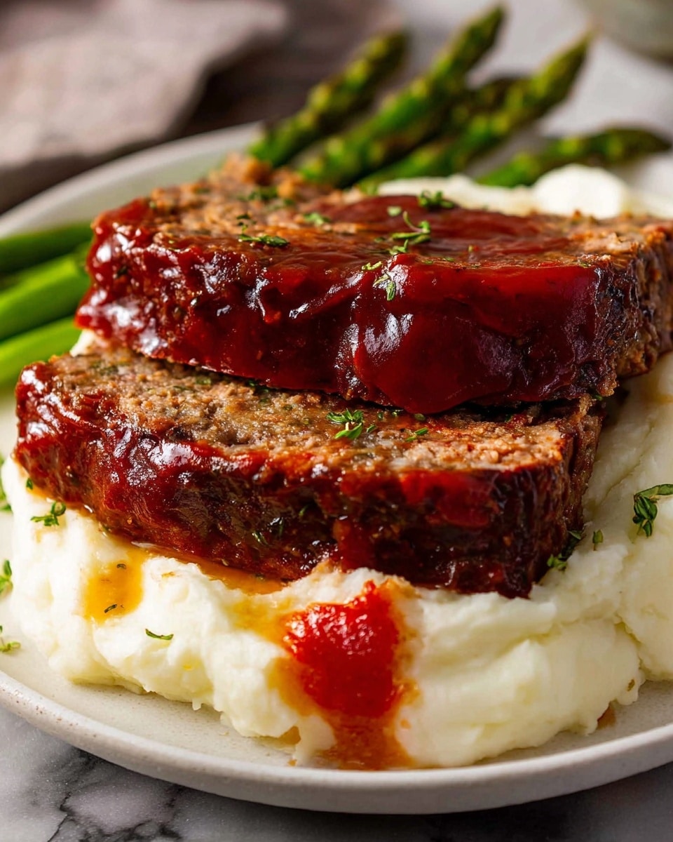 The image shows two thick slices of meatloaf with a shiny, dark reddish glaze on top, stacked neatly on a bed of creamy white mashed potatoes with a light drizzle of golden brown sauce on top. The meatloaf has a moist texture with visible herbs and small bits inside, and one slice has a small amount of red sauce spread on it. To the side, there are slender green asparagus spears adding a splash of color. The dish is served on a white plate, all placed on a white marbled surface in soft natural light, photo taken with an iphone --ar 4:5 --v 7