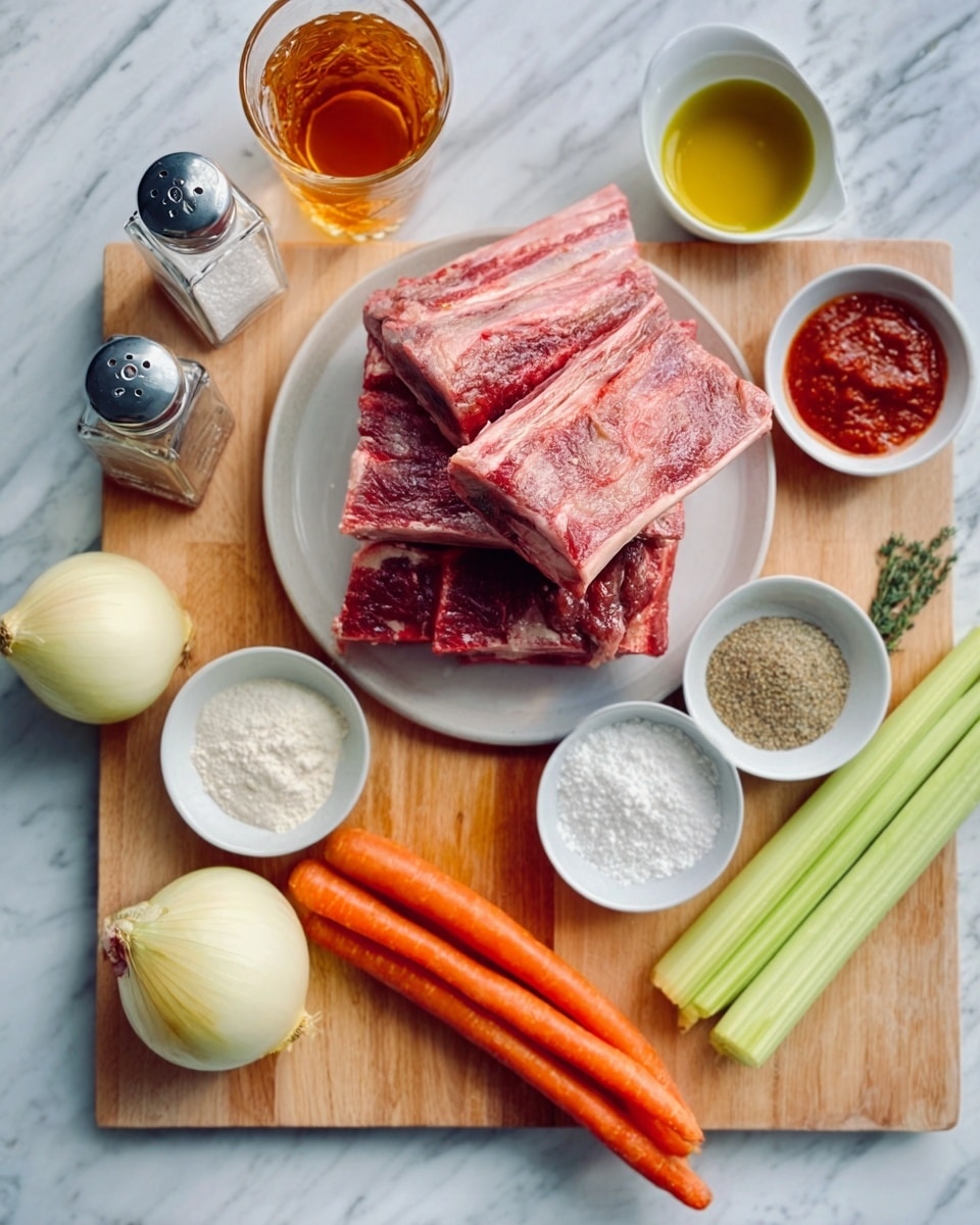 A wooden board shows raw beef ribs stacked in a small stack on a white plate. Around the plate are small white bowls with flour, tomato paste, and seasoning. Fresh vegetables including a whole onion, celery sticks, and two carrots lay on the board. A glass of amber-colored liquid and a salt shaker are placed near the top left. A small cup with olive oil is also on the board. A woman's hand lightly touches one carrot on the side. The whole setup is on a white marbled surface. photo taken with an iphone --ar 4:5 --v 7