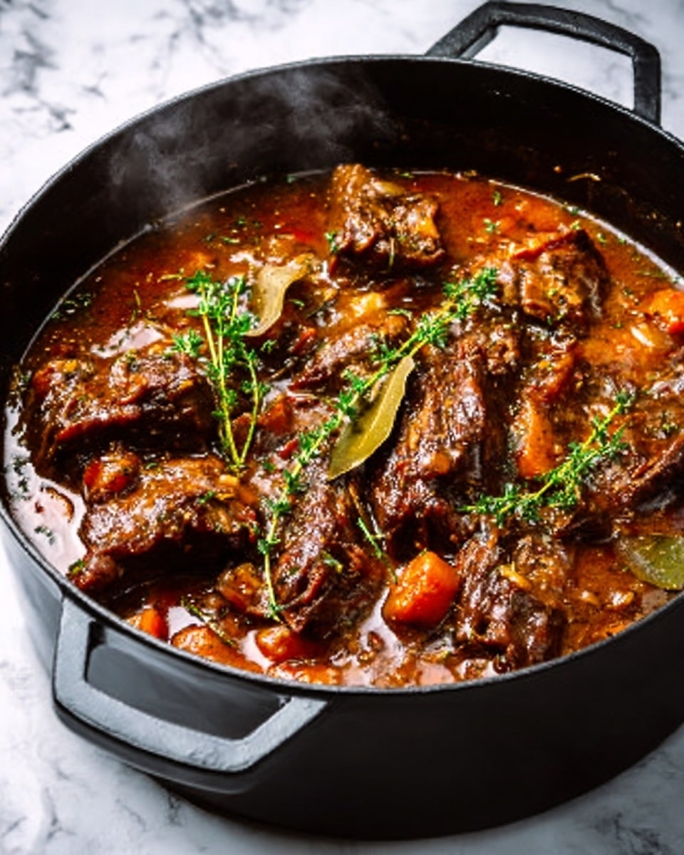 The image shows a black pot filled with rich, brown stew containing large pieces of tender meat. The stew has visible herbs like thyme and bay leaves scattered on top along with chunks of orange carrots and small pieces of vegetables. The sauce looks thick and glossy, coating the meat and vegetables evenly, with some steam rising from the pot. The pot is set on a white marbled texture background. Photo taken with an iphone --ar 4:5 --v 7