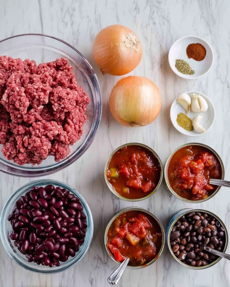 The image shows a collection of ingredients arranged on a white marbled surface, including a large clear bowl of raw ground meat with a rough texture, two whole light brown onions with smooth skin, three cloves of garlic with a papery white outer layer, and two small white dishes with different colored spices arranged in separate sections. There are also two clear glass bowls filled with beans: one with dark purple kidney beans and the other with smaller black beans. Additionally, there are three open cans of red tomato-based sauces with chunks of vegetables visible; two cans have visible metal spoons placed inside. The items are spread out in an organized manner. photo taken with an iphone --ar 4:5 --v 7