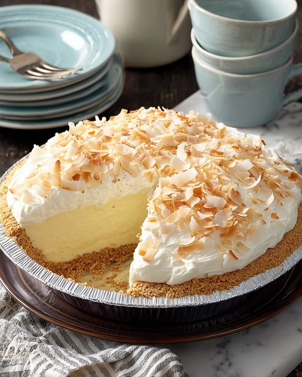 A slice of creamy pie with three visible layers: the bottom layer is a golden, crumbly crust, the middle layer is thick and pale yellow, soft and smooth in texture, topped with a thick layer of white whipped cream, and sprinkled with light toasted coconut flakes. The slice is served on a white plate placed on a white marbled surface. Photo taken with an iphone --ar 4:5 --v 7