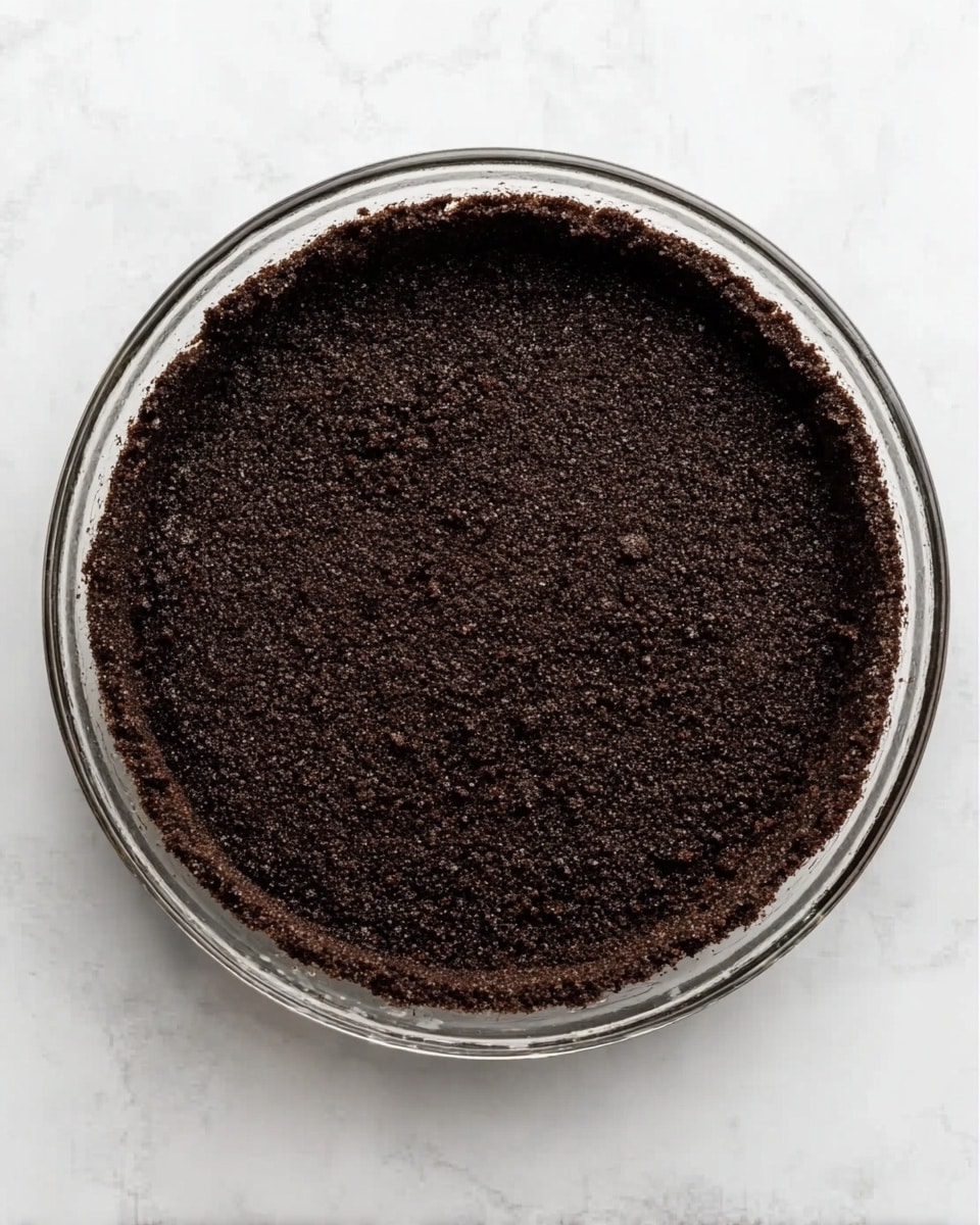 A clear glass round dish holds a single dark brown crust layer pressed evenly along the bottom and sides, showing a crumbly texture with small clumps and a slightly rough surface. The dish is placed on a white marbled surface, enhancing the contrast between the dark crust and the light background. No toppings or fillings are visible, presenting a simple, empty crust base ready for filling photo taken with an iphone --ar 4:5 --v 7