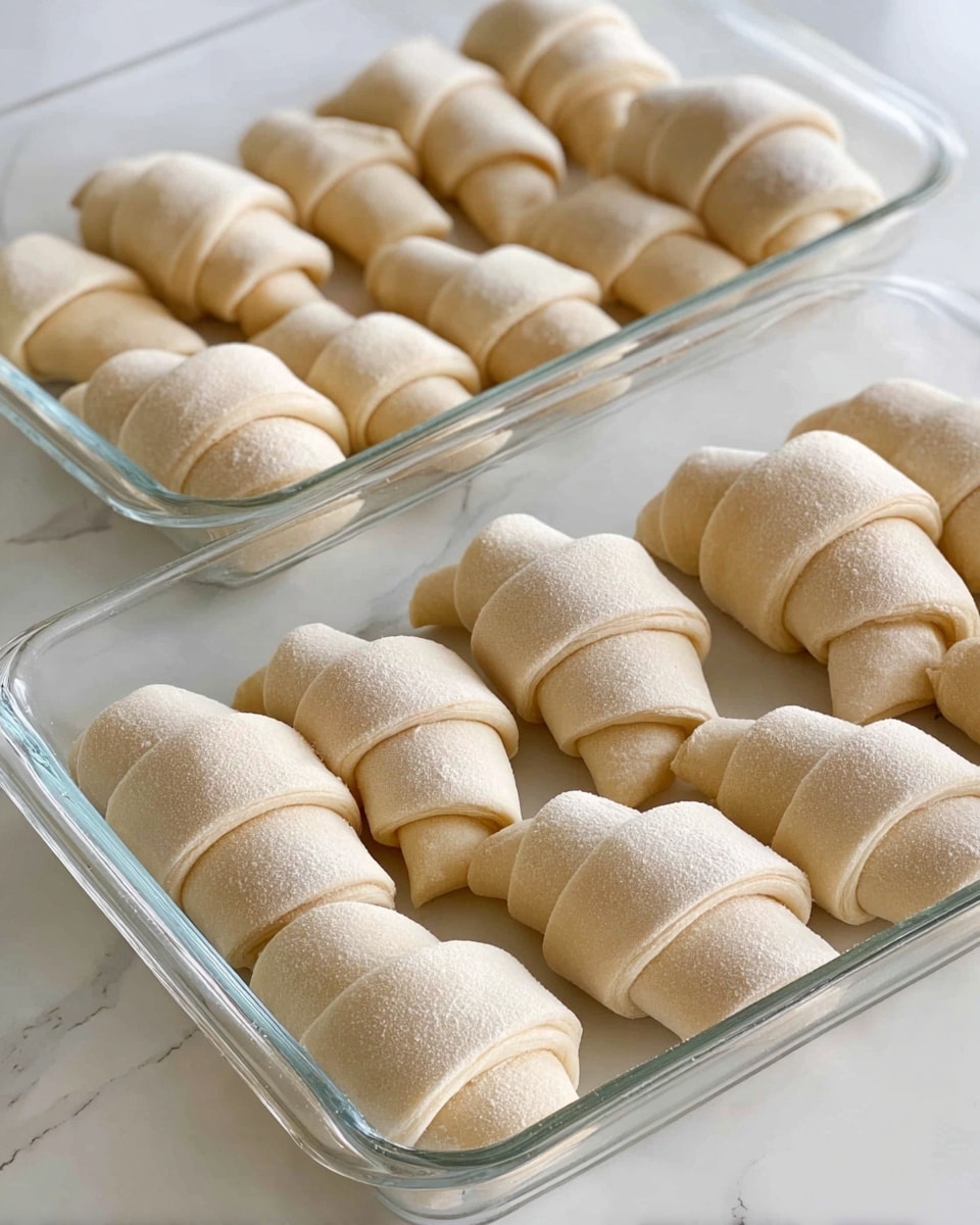 The image shows two clear glass baking dishes placed on a white marbled surface. Each dish holds rows of uncooked crescent rolls, arranged neatly with about four layers of dough rolled tight in each roll. The dough is light beige with a powdery finish, showing smooth, soft texture. The rolls are slightly different sizes but all have the same rounded crescent shape with tapered ends, giving a uniform look. Photo taken with an iphone --ar 4:5 --v 7