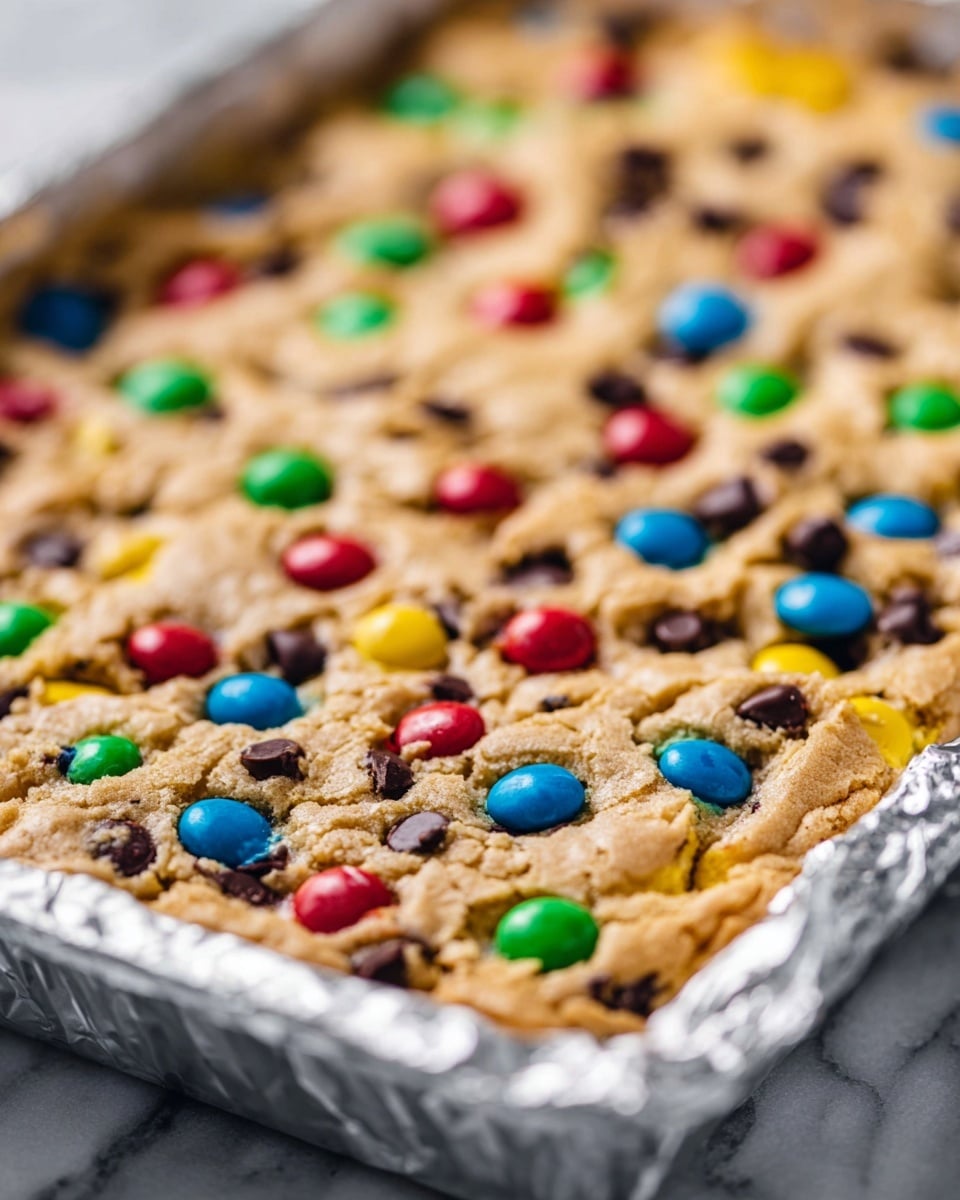 A close-up view of a large, thick cookie bar in a foil-lined baking pan, showing one layer made of baked golden-brown dough mixed with colorful round candy pieces in green, blue, yellow, red, and orange, along with small dark chocolate chips spread evenly across the surface. The cookie has a rough, slightly bumpy texture with the candies and chips slightly sunk into the dough but still largely visible on top. The photo has a soft focus on the background, highlighting the texture and color of the cookie bar on a white marbled surface, photo taken with an iphone --ar 4:5 --v 7