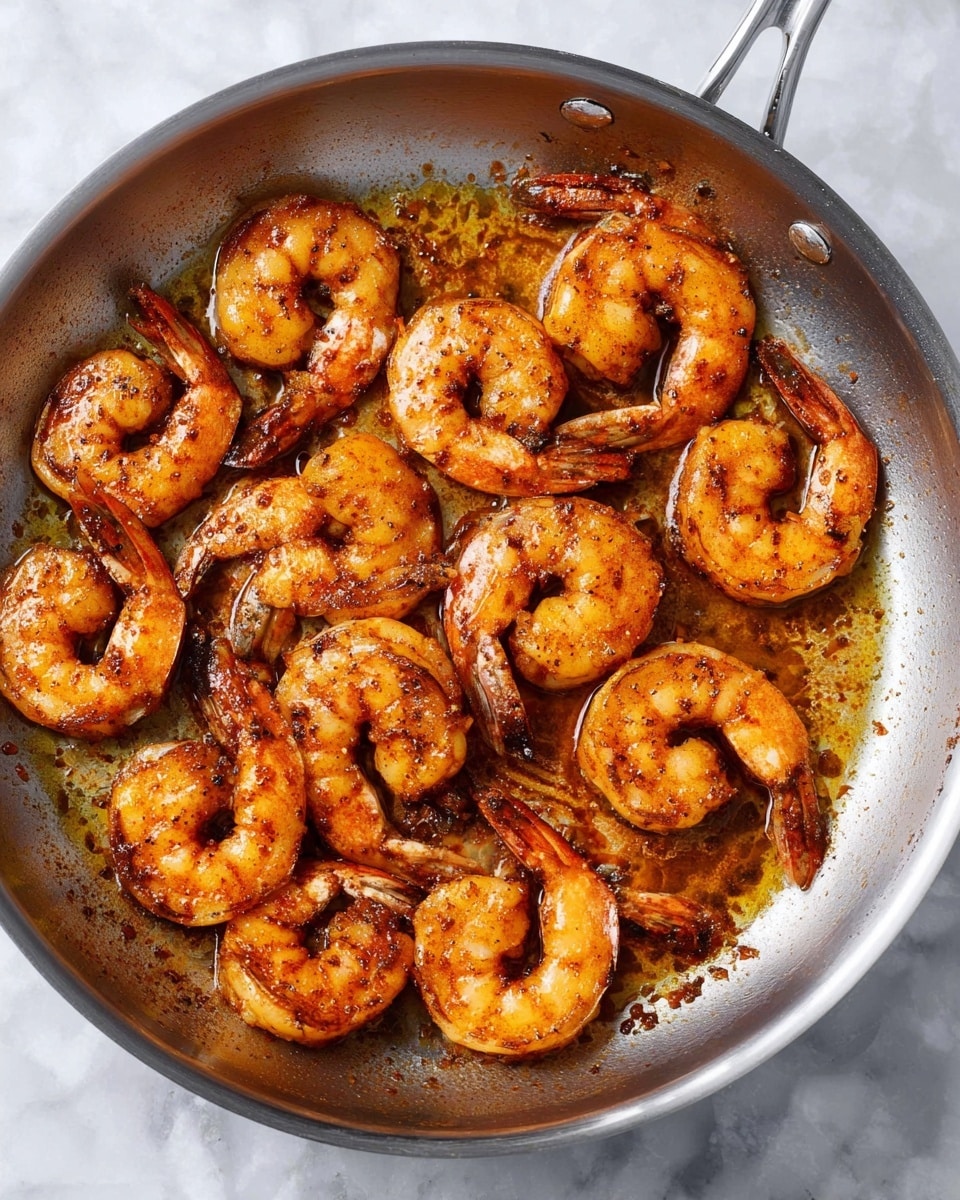 The image shows a shiny stainless steel pan filled with about twenty cooked shrimp arranged in an even layer, some touching each other. The shrimp are bright orange with dark spices sprinkled on them, giving a textured look. The pan sits on a white marbled surface that looks clean and clear. The shrimp tails are mostly intact, and the pan has some oil and browned bits spread unevenly around the shrimp, adding a glossy shine. The photo taken with an iphone --ar 4:5 --v 7