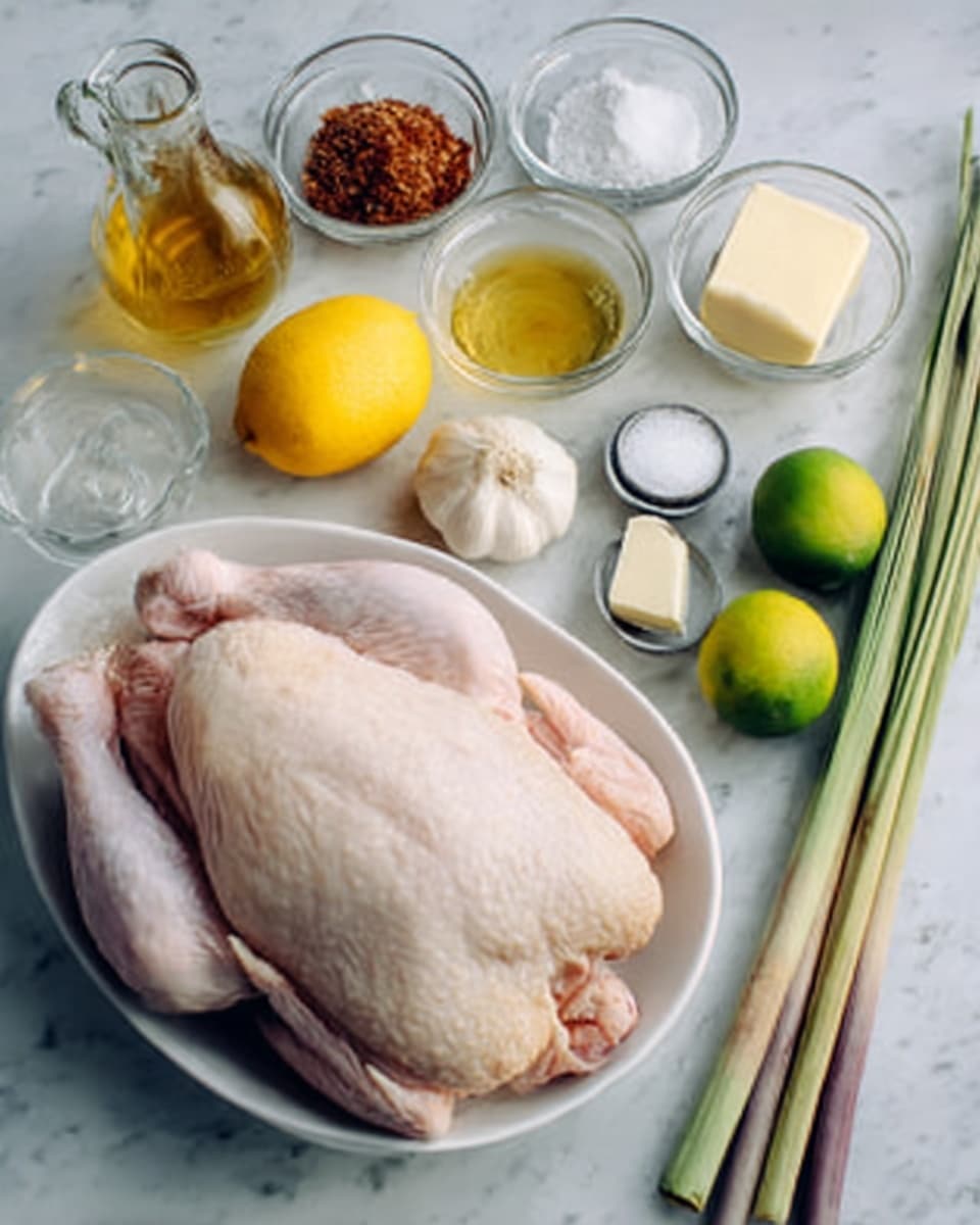 A raw whole chicken lies in a white shallow dish, its pale pink skin smooth and fresh. To the right of the dish, there are three long green lemongrass stalks with a faint purple tint at the base. Above the chicken, small glass bowls hold coarse brown sugar, red dried spices, and clear liquid. To the left, a bright yellow lemon and several small green limes rest on the white marbled surface. A bulb of garlic and a white block of butter sit nearby. White salt and black pepper are lightly placed near the chicken in small dishes. The photo is taken with an iphone --ar 4:5 --v 7