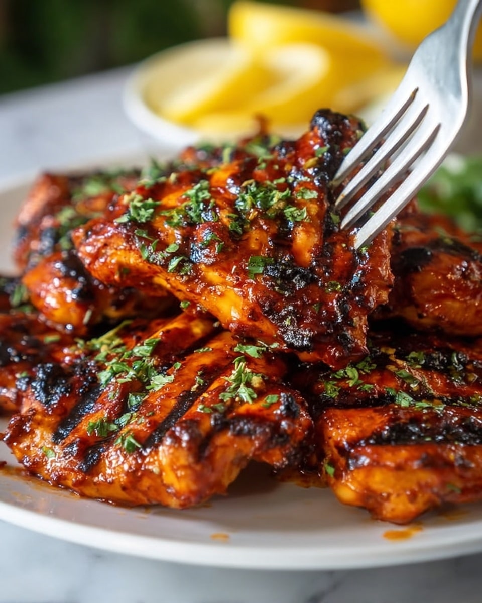 A white plate holds a pile of grilled chicken pieces, about five or six, layered unevenly. The chicken is richly coated in a shiny, reddish-brown sauce with charcoal-black grill marks across each piece. Bright green herbs are sprinkled evenly on top, adding a fresh touch. There is a fork with white prongs poking into the top piece of chicken. In the background, bright yellow lemon wedges blur softly, all set on a white marbled surface. photo taken with an iphone --ar 4:5 --v 7