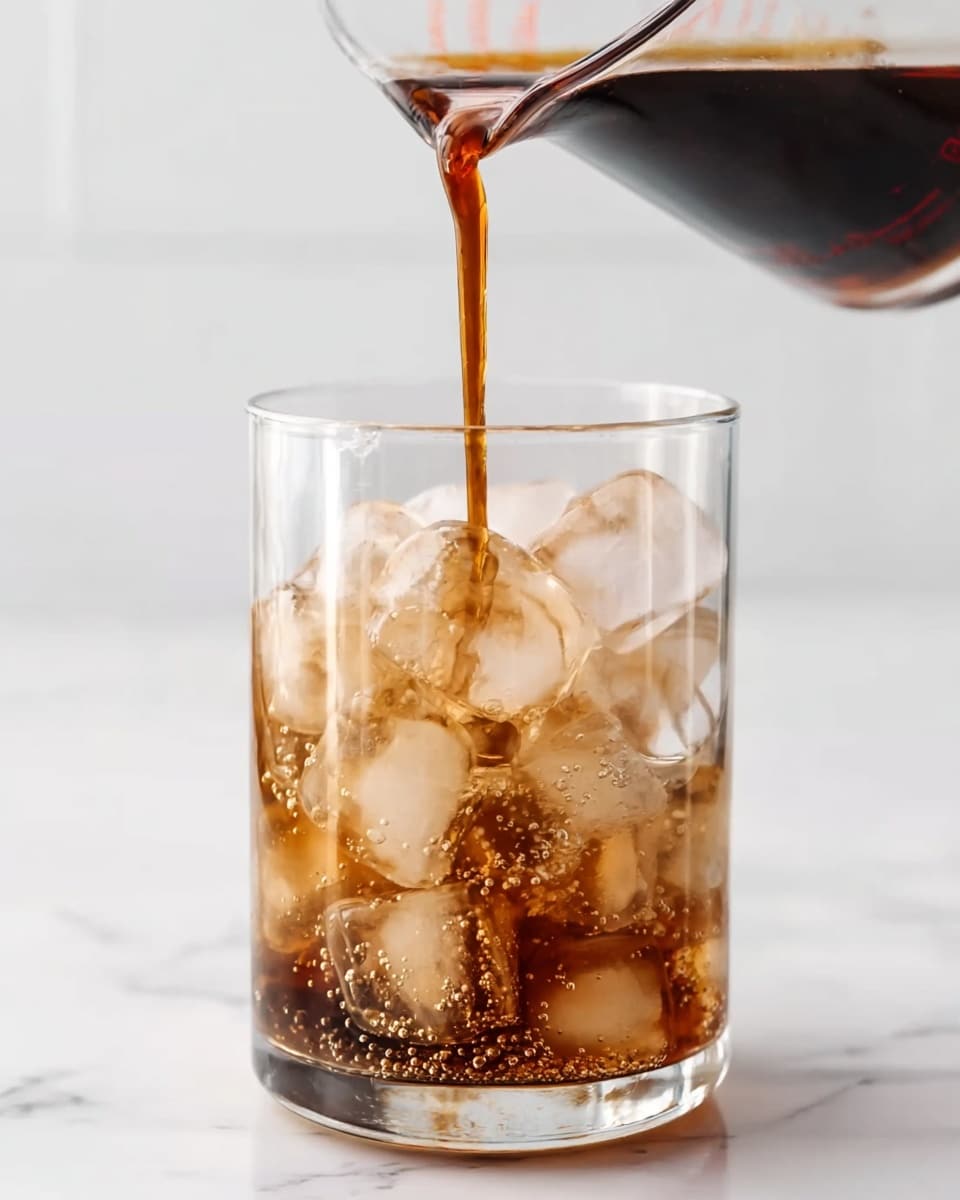 A clear glass filled with large, clear ice cubes sits on a white marbled surface. Dark brown liquid is being poured from a clear measuring cup into the glass, hitting the ice and splashing slightly, creating small bubbles around the ice. The background is soft and white, with a clean, bright look. The liquid has a smooth and glossy texture as it flows down into the glass. photo taken with an iphone --ar 4:5 --v 7