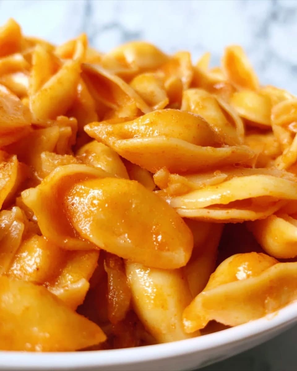 The image shows a close-up of soft, cooked pasta in a white bowl. The pasta pieces are golden-orange with a shiny, smooth texture, coated evenly with a light sauce that looks slightly oily. The pasta is layered closely together, filling the bowl, and the background features a white marbled surface. Photo taken with an iphone --ar 4:5 --v 7