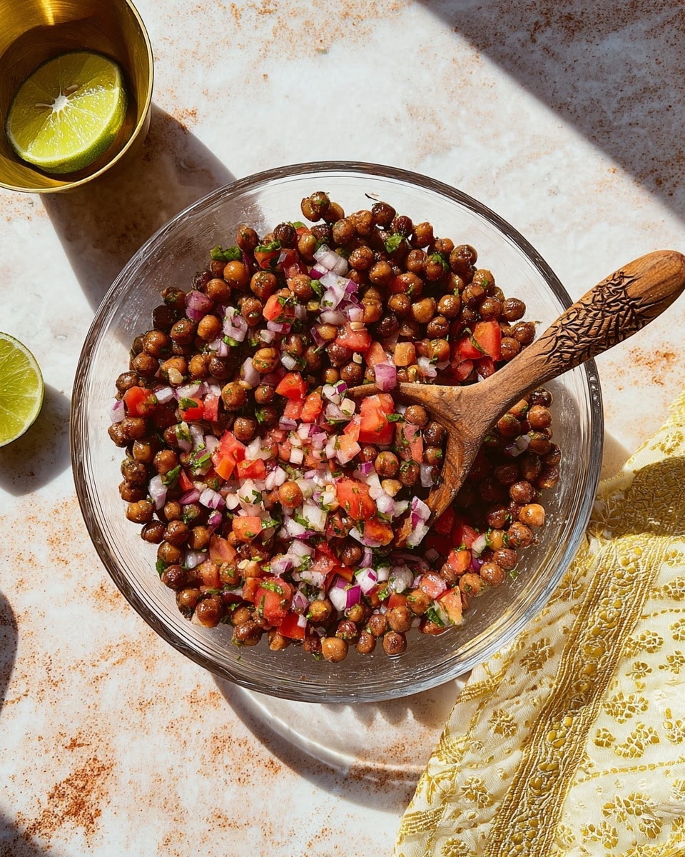 A clear glass bowl filled with a colorful salad made of dark brown chickpeas, small red tomato pieces, finely chopped white onions, and green herbs, all mixed together. A wooden spoon with a detailed carved handle rests inside the bowl, scooping some of the salad. The bowl is placed on a white marbled surface with faint rust-colored spots and scratches, creating a rustic look. Nearby, there is a brass cup with a sliced lime on the top left, and a pale yellow cloth with gold patterns is partly visible on the bottom right. Bright sunlight casts shadows, including part of a woman's hand shadow near the bowl. photo taken with an iphone --ar 4:5 --v 7