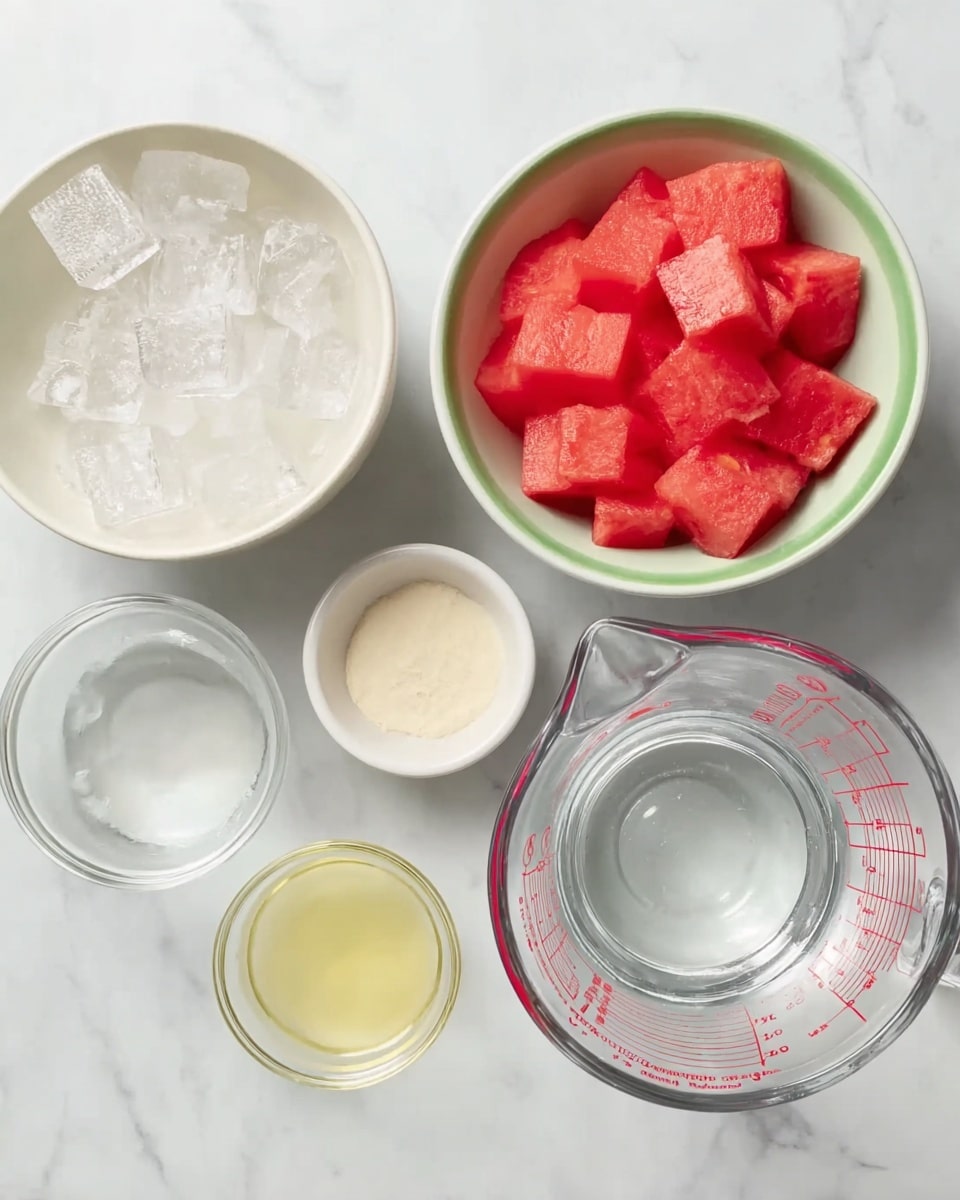 A top view of six white bowls and a clear glass measuring cup arranged on a white marbled surface. The largest white bowl on the left is full of clear ice cubes. To the right, a white bowl with a green rim is filled with bright red watermelon pieces. In the center, there is a small white bowl with a creamy pale powder. Below it, a very small white bowl contains a yellow liquid. Next to that, a clear glass bowl with water is placed. On the far right, there is a large clear glass measuring cup filled with water, marked with red measurement lines. photo taken with an iphone --ar 4:5 --v 7