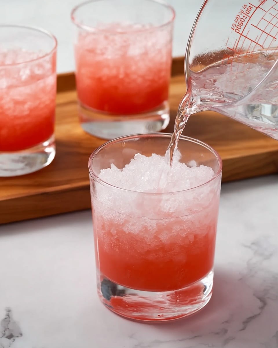 The image shows a close-up of a clear glass with a bottom layer of crushed ice and a pinkish-red liquid inside. A clear liquid is being poured into the glass from a transparent measuring cup with visible measurement markings. In the background, there are two similar glasses filled with the same pinkish-red liquid, placed on a wooden tray. All glasses are set on a white marbled surface, giving a clean and fresh look. photo taken with an iphone --ar 4:5 --v 7