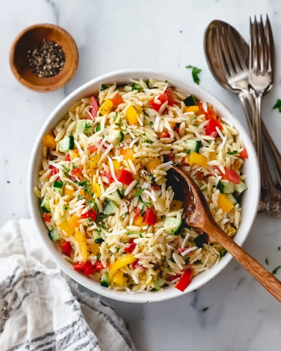 The image shows a white bowl filled with a colorful orzo pasta salad. The salad has small yellow, green, and red bell pepper pieces mixed with orzo, giving a bright and fresh look. There are also thin shreds of white cheese sprinkled on top. A wooden spoon with a visible woman's hand is placed inside the bowl. The bowl is sitting on a white marbled surface, next to a white and gray striped cloth, a small bowl of black pepper, and two silver forks. Photo taken with an iphone --ar 4:5 --v 7