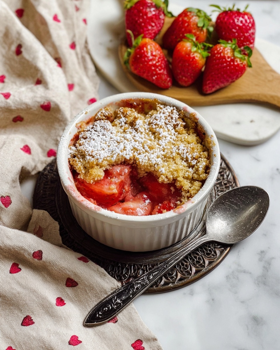 A white round ramekin filled with a strawberry crumble dessert, showing two layers: the top layer is golden brown and crunchy with a dusting of white powdered sugar, and the bottom layer is soft, juicy, and pink from the cooked strawberries, partially scooped. The ramekin rests on a dark, ornate, round trivet on a white marbled surface. Next to it is a silver spoon with black decorative patterns on the handle. On the upper right corner, a white round wooden board holds several fresh bright red strawberries with green caps. A beige cloth with small red heart prints is draped loosely beside the ramekin. Photo taken with an iphone --ar 4:5 --v 7