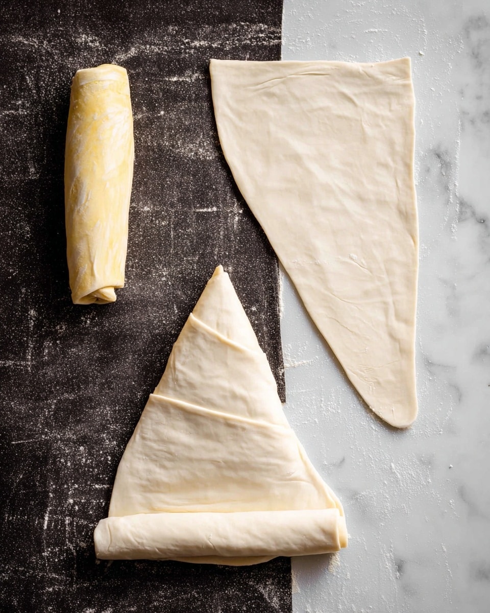 The image shows a dark work surface with three sheets of thin, cream-colored dough. Two sheets are flat and rectangular on the right side, while one triangular piece is folded at the bottom center, forming a thick layer with soft wrinkles. On the top left, a small roll of dough with a shiny, slightly yellow surface lies beside the triangular piece. The dough looks soft and delicate, with visible folds and gentle creases. The background is a white marbled texture. photo taken with an iphone --ar 4:5 --v 7