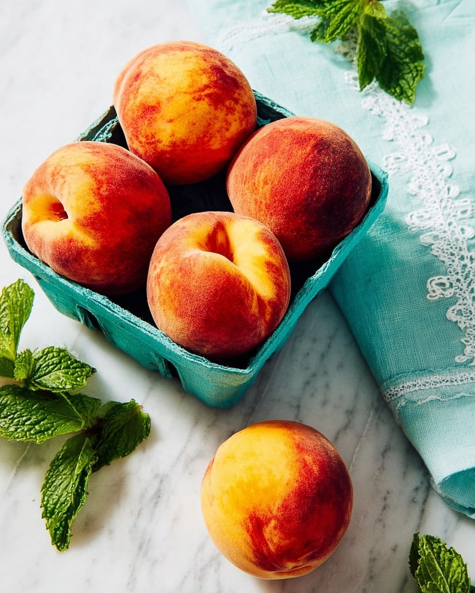 A small blue carton holds six ripe peaches with fuzzy skin in shades of red, orange, and yellow. Two peaches sit outside the carton on a white marbled surface, one near the top center and the other near the bottom right. Fresh green mint leaves are scattered around the peaches, adding color contrast. A light blue cloth with white embroidered patterns is partially visible on the right side next to the carton. The scene is bright and fresh, with natural lighting highlighting the texture of the peaches. photo taken with an iphone --ar 4:5 --v 7
