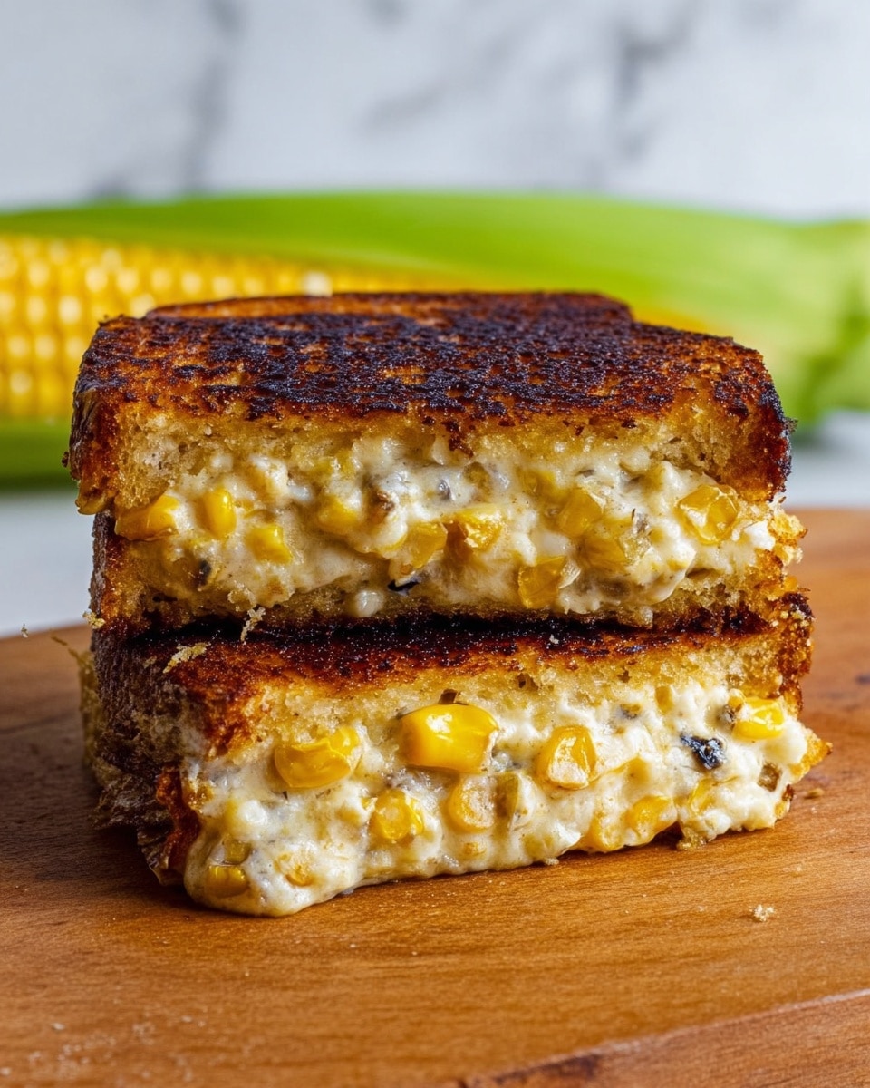 The image shows a close-up of a toasted sandwich stacked in two layers on a wooden surface. Each sandwich piece has a dark brown, crispy outer crust with a textured, slightly uneven surface. Inside, the filling is creamy and light yellow with visible whole corn kernels and small black bits mixed throughout. The sandwich’s filling looks thick and moist, slightly oozing at the edges, showing a rich, soft texture contrasting the crunchy crust. In the background, a green corn is blurred against a white marbled surface. Photo taken with an iphone --ar 4:5 --v 7