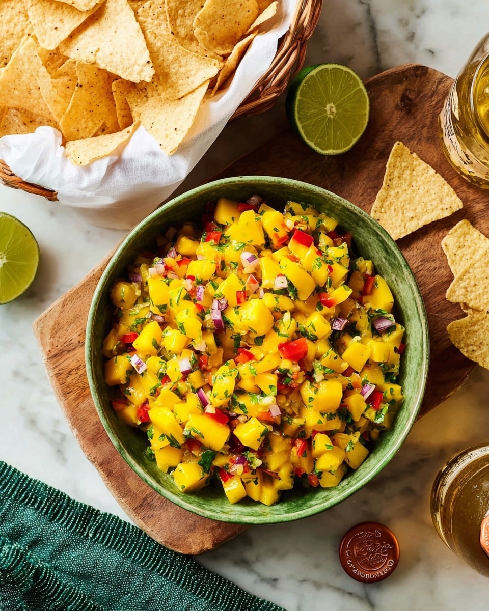 A green bowl filled with a colorful mango salsa made of bright yellow mango chunks, small red bell pepper pieces, green herbs, and tiny bits of white onion mixed evenly. The bowl is placed on a wooden board with a lime cut in half and a full lime next to it. To the left, there is a white basket lined with white paper, filled with light yellow tortilla chips. A few tortilla chips with salsa on them are on the wooden board. A bottle cap and a drink bottle are on the right side. The whole scene is set on a white marbled surface with a green textured cloth partially visible at the bottom left. Photo taken with an iphone --ar 4:5 --v 7