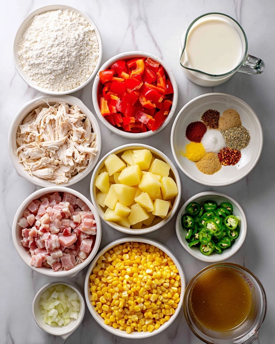 The image shows various cooking ingredients arranged neatly on a white marbled surface. There are 10 white bowls and one white measuring cup filled with different items: top left bowl has white flour with a powdery texture, next to it a clear glass pitcher holds white milk, middle center bowl contains chopped red bell peppers with a shiny, firm texture, to its right a bowl holds a mix of spices and chopped garlic in various colors like brown, red, and cream, middle left bowl is filled with shredded chicken in light beige color, to the right of that is a bowl with thick chopped bacon pieces in pink and white shades, small bowl beneath has chopped green jalapenos, bottom right large bowl is filled with golden yellow potato chunks with skin, bottom left large bowl full of bright yellow corn kernels, next to it a bowl with finely chopped white onions, and the bottom has a clear measuring cup with brown chicken broth. photo taken with an iphone --ar 4:5 --v 7