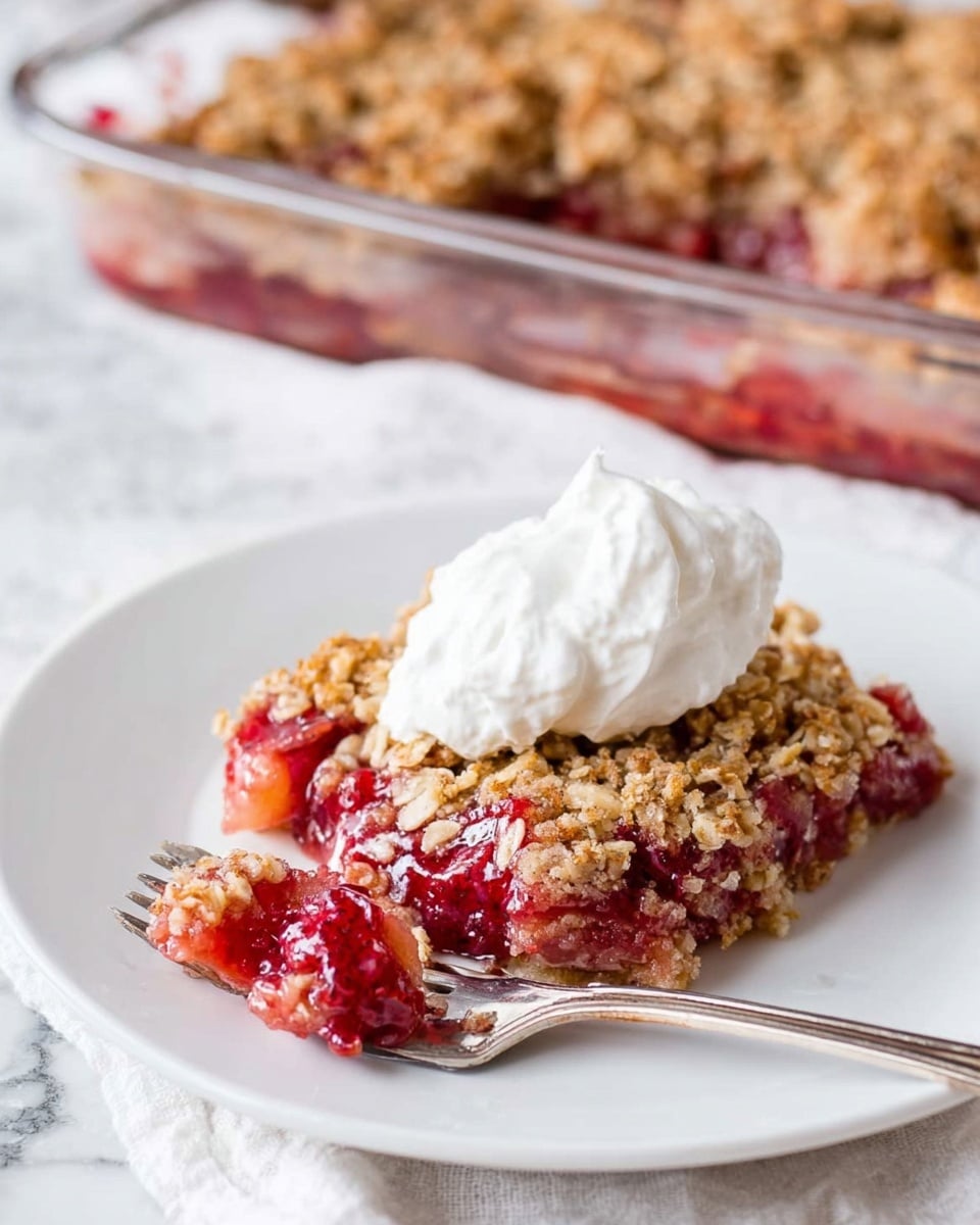 A white plate holds a square piece of fruit crumble with two layers: a thick, golden-brown crumbly top layer with visible oat texture, and beneath it a vibrant red fruit filling with soft chunks. A dollop of smooth, white whipped cream sits on top of the crumble. A fork on the plate holds a small bite of the crumble showing both layers. In the background, a clear glass baking dish with the same crumble rests on a white marbled surface with a white cloth underneath. Photo taken with an iphone --ar 4:5 --v 7