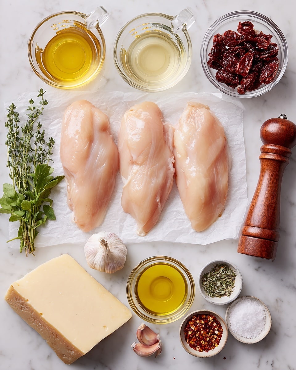 The image shows four raw chicken fillets placed side by side on white parchment paper in the center, with fresh green herbs and two garlic cloves on the left side. Above the chicken, there are two glass measuring cups with light-colored liquids: one golden yellow and the other creamy white, along with a small glass bowl of dark red sun-dried tomatoes. To the right side, there is a tall wooden pepper grinder. Below the chicken, there is a thick wedge of pale yellow cheese, a small glass bowl of golden olive oil, a small glass bowl of white salt, and a small glass bowl of red chili flakes, all neatly arranged on a white marbled surface. Photo taken with an iphone --ar 4:5 --v 7