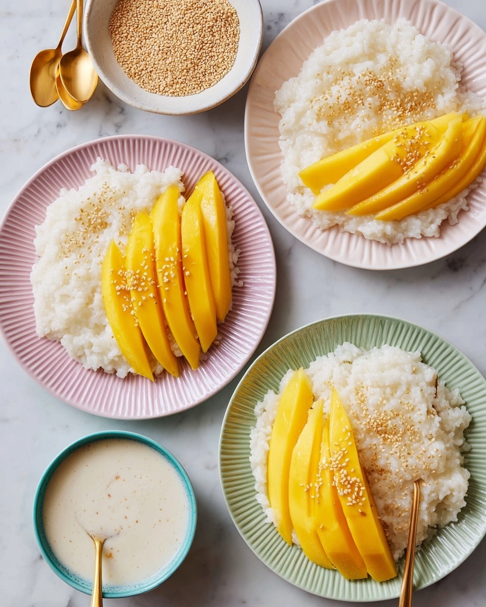 The image shows three plates of sticky rice and mango slices arranged side by side on a white marbled surface. Each plate has a pile of white sticky rice on one half, with a few toasted sesame seeds sprinkled on top, and bright yellow mango slices fanned out neatly on the other half, also topped with sesame seeds. The plates are ribbed and come in soft pastel colors of pink and green but are changed to white. Above the plates is a small bowl filled with sesame seeds and two gold spoons placed beside it. Below the plates is a small turquoise bowl filled with a creamy white sauce, with a gold spoon resting in it. The overall scene is clean, bright, and visually balanced with soft lighting. Photo taken with an iphone --ar 4:5 --v 7