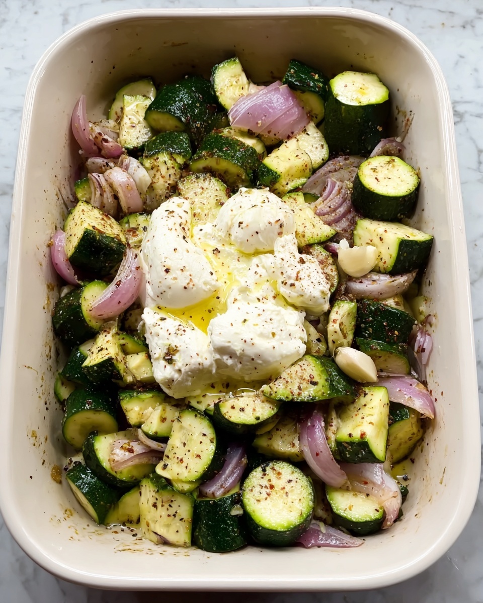 A white ceramic baking dish filled with chopped green zucchini pieces mixed with slices of light purple onion, sprinkled with various spices. In the center, there is a large dollop of soft white cheese and a whole bulb of garlic cut horizontally to expose the cloves, drizzled with olive oil. The vegetables have a slightly glossy texture from the oil and spices. The dish rests on a white marbled surface. photo taken with an iphone --ar 4:5 --v 7