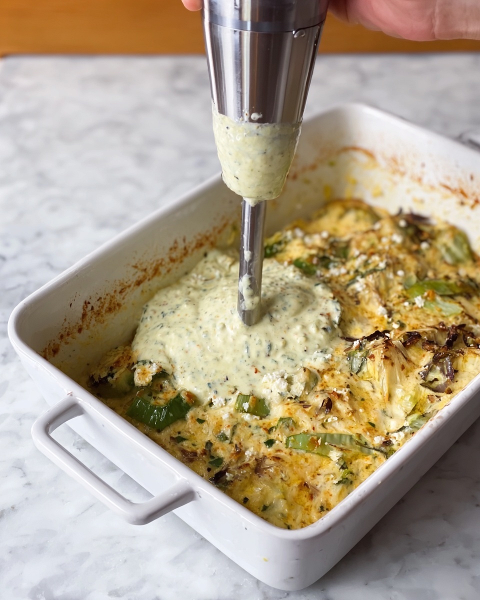 A white baking dish with three visible layers: the bottom layer has cooked pieces of green vegetables and browned onions; the middle layer is a slightly browned cheesy or creamy mixture with herbs; the top layer is a thick, light yellowish-green creamy sauce being blended by a silver immersion blender held by a woman's hand. The dish is set on a white marbled surface. photo taken with an iphone --ar 4:5 --v 7
