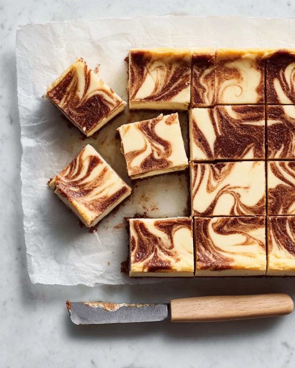 The image shows a rectangular cheesecake with a brown and white swirled top, divided into 15 square pieces on a white parchment paper. The texture on top is smooth with a marbled pattern. Three pieces are slightly pulled away showing the creamy interior. A knife with a light wooden handle lies below the cheesecake on a white marbled surface. Photo taken with an iphone --ar 4:5 --v 7