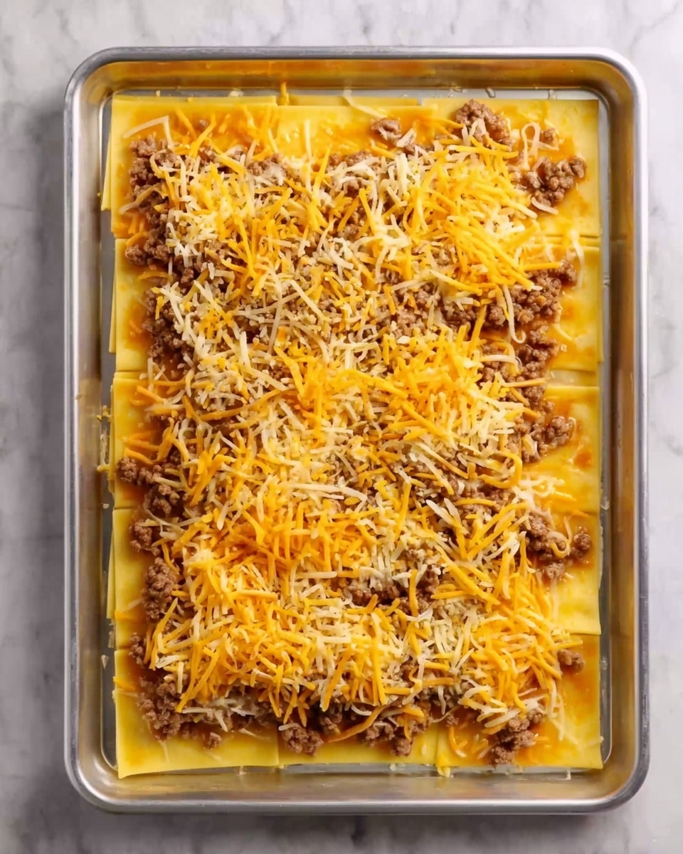 The image shows a rectangular metal baking tray with one layer of yellow uncooked pasta sheets at the bottom. On top of the pasta, there is a spread of cooked ground meat, evenly placed in small clumps across the entire surface. Over the meat, there is a generous layer of shredded cheese in shades of yellow and light orange, covering most of the meat and pasta layers. The tray is on a white marbled surface, and parts of food ingredients can be seen slightly around the edges. Photo taken with an iphone --ar 4:5 --v 7
