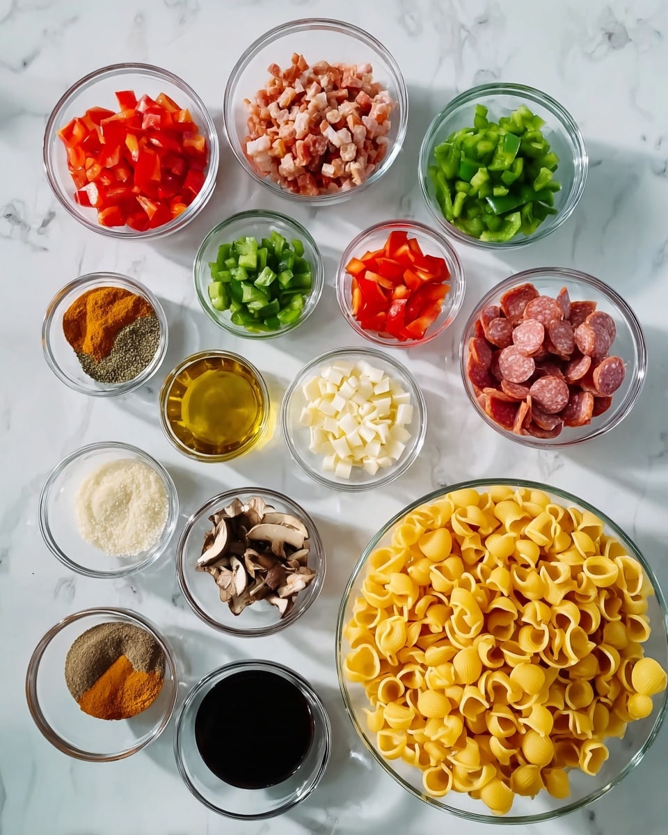 The image shows many small clear glass bowls arranged on a white marbled surface, each holding a different ingredient. The largest bowl on the right is filled with yellow pasta shells. Around it are bowls with finely chopped red tomatoes, chunks of green bell pepper, cubed cheese, diced salami, small brown mushrooms, pepperoni cubes, and finely chopped red bell pepper. Smaller bowls contain various powders and spices in light beige, dark brown, and green colors, along with a bowl of golden oil and a bowl of dark soy sauce. The setup is neat and organized, showing all the cooking ingredients clearly. Photo taken with an iphone --ar 4:5 --v 7