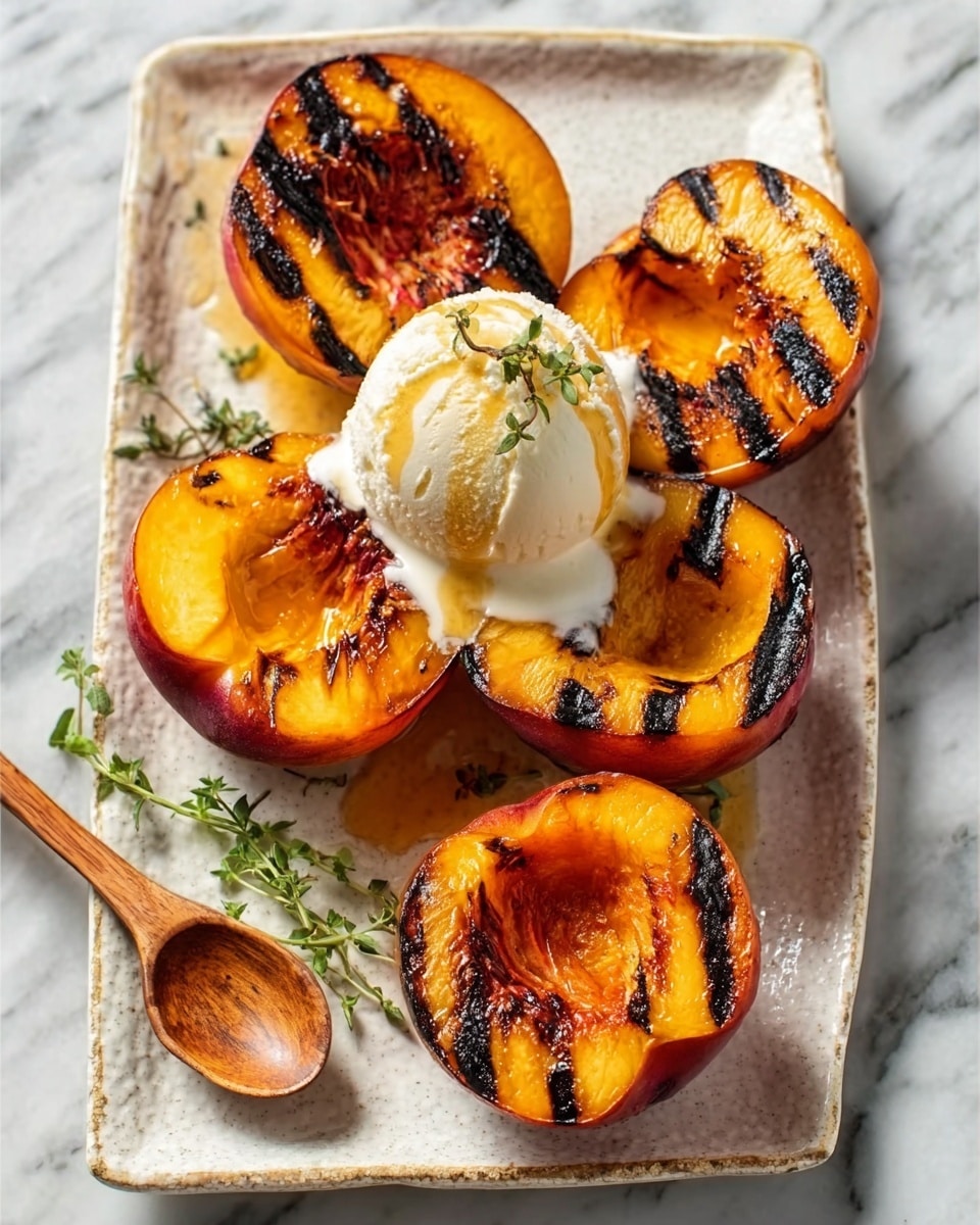 The image shows a dish with four grilled peach halves arranged on a white rectangular plate with a slightly uneven texture. Each peach half is deeply charred with dark grill marks, showing a contrast between bright orange flesh and blackened lines. One peach half is topped with a soft scoop of white ice cream that is starting to melt, creating a creamy texture that drips slightly onto the plate. A small sprig of green herb rests beside the grilled peaches. A small wooden spoon sits near the bottom left corner of the plate. The background is a white marbled surface. Photo taken with an iphone --ar 4:5 --v 7