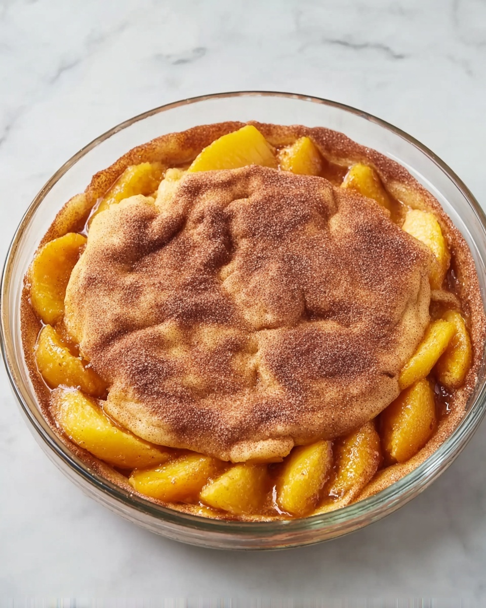 A round clear glass dish holds a baked dessert with two main layers. The bottom layer shows soft, orange-yellow fruit pieces, likely peaches, arranged evenly around the edge and slightly packed inside, glistening with syrup. The top layer is a light brown dough baked to a smooth, slightly wrinkled surface sprinkled evenly with fine cinnamon sugar, giving it a powdery texture. The dish sits on a white marbled surface. photo taken with an iphone --ar 4:5 --v 7