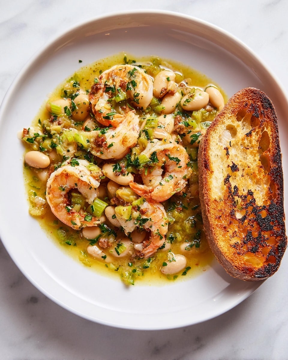 A white plate on a white marbled surface holds a dish with two main parts: a shrimp and white bean stew and a slice of toasted bread. The stew has about two layers – a bottom layer of light green and yellow broth mixed with small chopped green herbs and celery pieces, and a top layer of medium-sized shrimp cooked to light pink with some grill marks, scattered white beans, and sprinkled finely chopped green herbs. The toasted bread slice is golden brown with a crunchy texture and some darker charred edges, placed on the right side of the plate partially touching the stew. Photo taken with an iphone --ar 4:5 --v 7