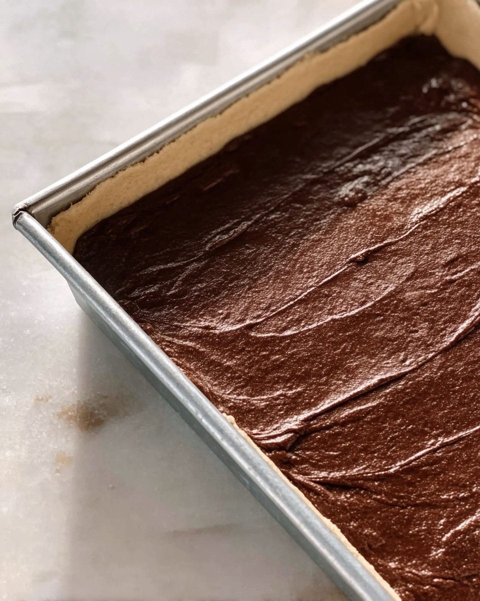 A shiny chocolate batter with smooth and slightly uneven texture fills a silver baking tray. The batter is rich dark brown and spreads evenly over the light base layer visible on the edges, which looks like a pale dough. The tray is placed on a white marbled surface with soft natural lighting creating gentle shadows across the top layer. Photo taken with an iphone --ar 4:5 --v 7