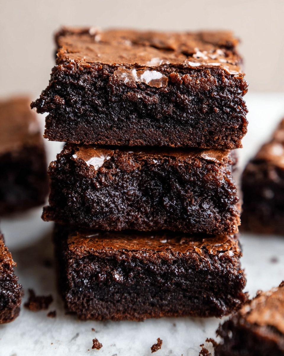 The image shows three stacked dark brown brownies placed on a white marbled surface. Each brownie has a slightly cracked top layer with a shiny, thin crust and a dense, moist interior visible on the sides and ends. The brownies have a rich chocolate color and texture, with crumbs scattered around them on the surface. Other brownies are partially shown lying on the same surface around the stack. photo taken with an iphone --ar 4:5 --v 7